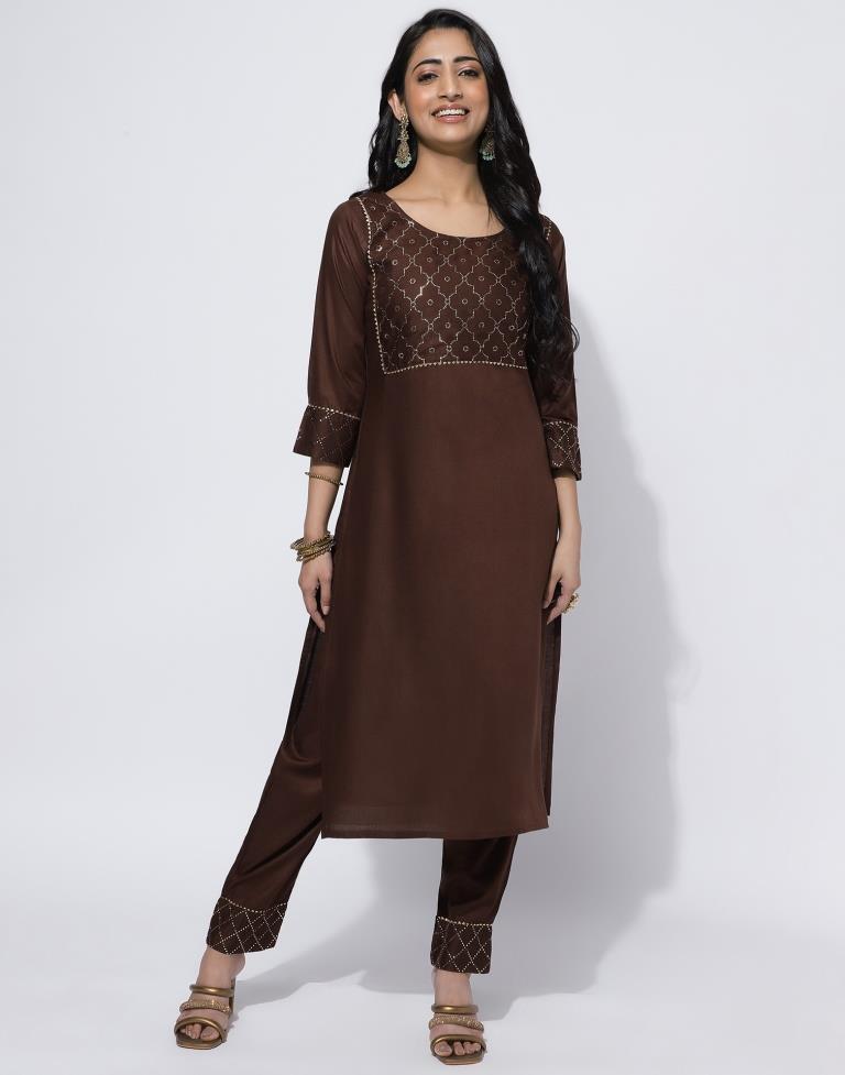 Buy Satrangi Rama Rayon Slub Embroidery Kurti With Matching Dark Brown  Legging (Combo of 2) at Amazon.in